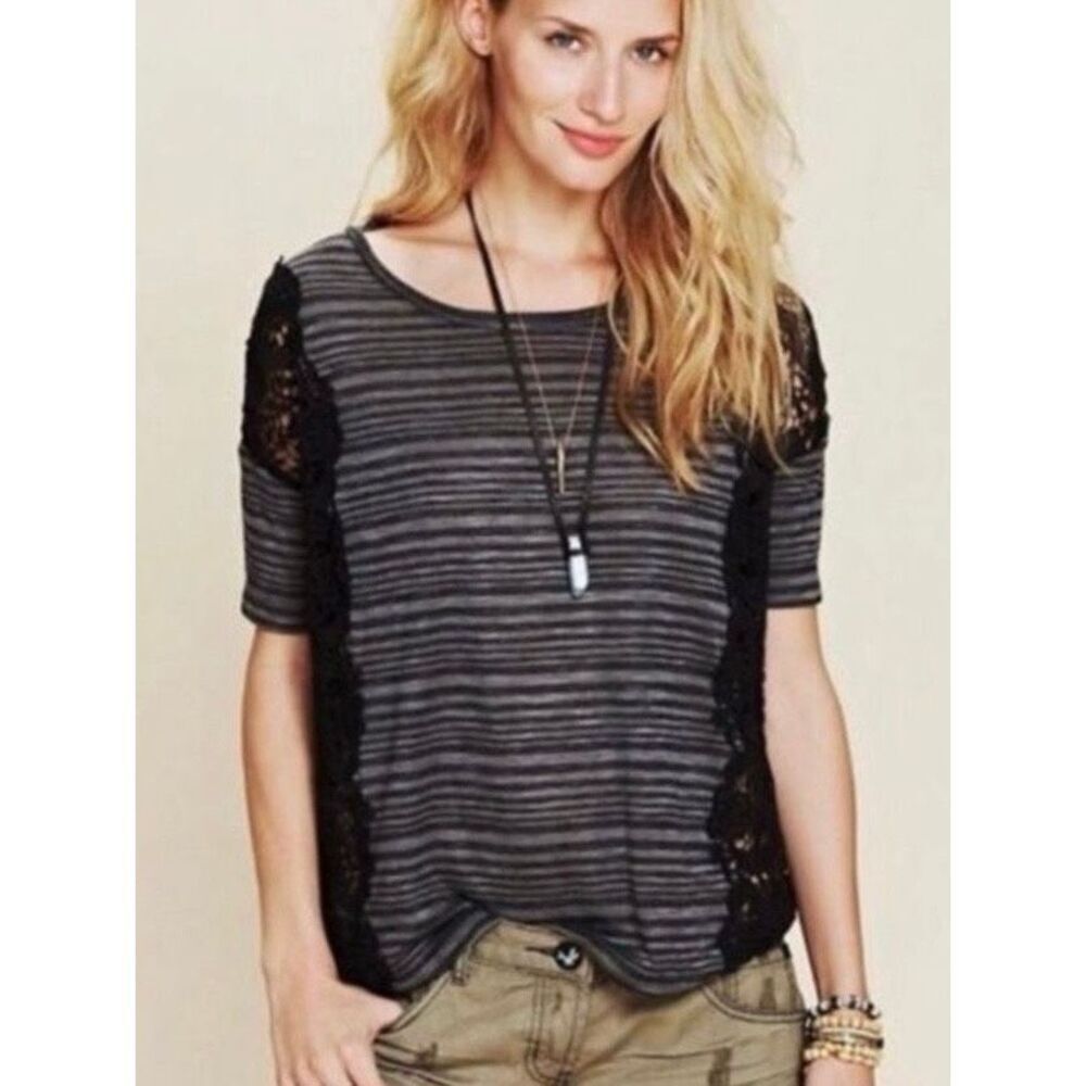 NEW We the Free Womens XS Battenberg Lace Striped Knit Top